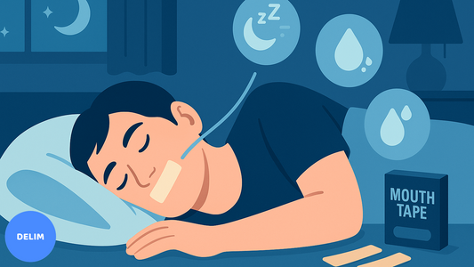 Man sleeping with mouth tape, DELIM mouth tape box nearby, symbolizing better sleep and nasal breathing.