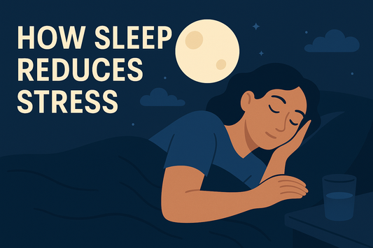 Woman sleeping peacefully under a night sky with moon and stars, illustrating how sleep helps reduce stress.