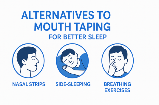 Infographic showing three alternatives to mouth taping for better sleep: nasal strips, side-sleeping, and breathing exercises, in blue brand color #4770db.