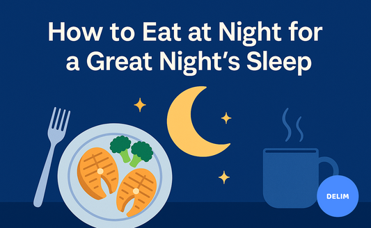 Illustration of salmon, broccoli, and a mug under a moon, representing healthy evening eating for better sleep.