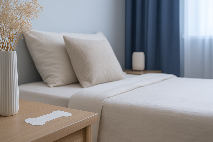 Minimalist bedroom with beige bedding, blue curtains, and a bedside table holding a vase of dried flowers