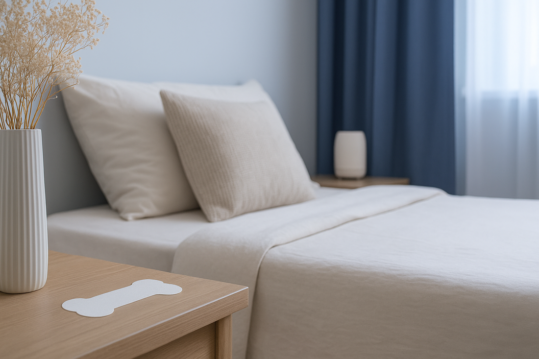Minimalist bedroom with beige bedding, blue curtains, and a bedside table holding a vase of dried flowers