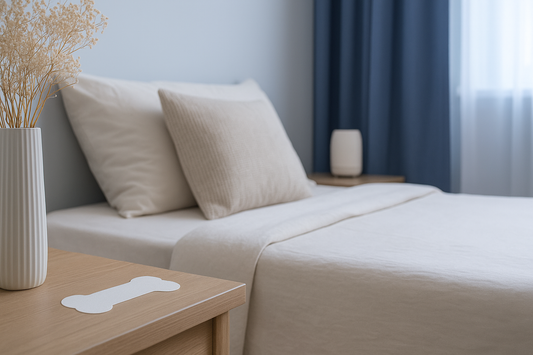 Minimalist bedroom with beige bedding, blue curtains, and a bedside table holding a vase of dried flowers