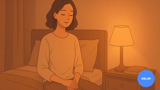 A calming digital illustration of a young woman sitting peacefully on her bed at night, softly lit by a warm bedside lamp, creating a serene bedtime atmosphere
