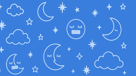 Blue doodle-style illustration with moons, stars, clouds, and sleeping faces featuring mouth tape.