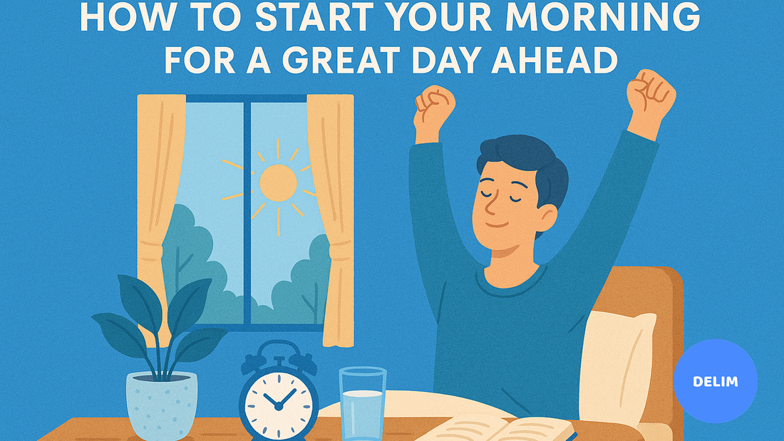 Person stretching happily in bed on a bright morning with sunlight, a clock, and water on the table — blue-themed wellness scene.